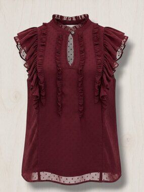 Loft‎ Burgundy Textured Ruffle Bib Blouse XXS